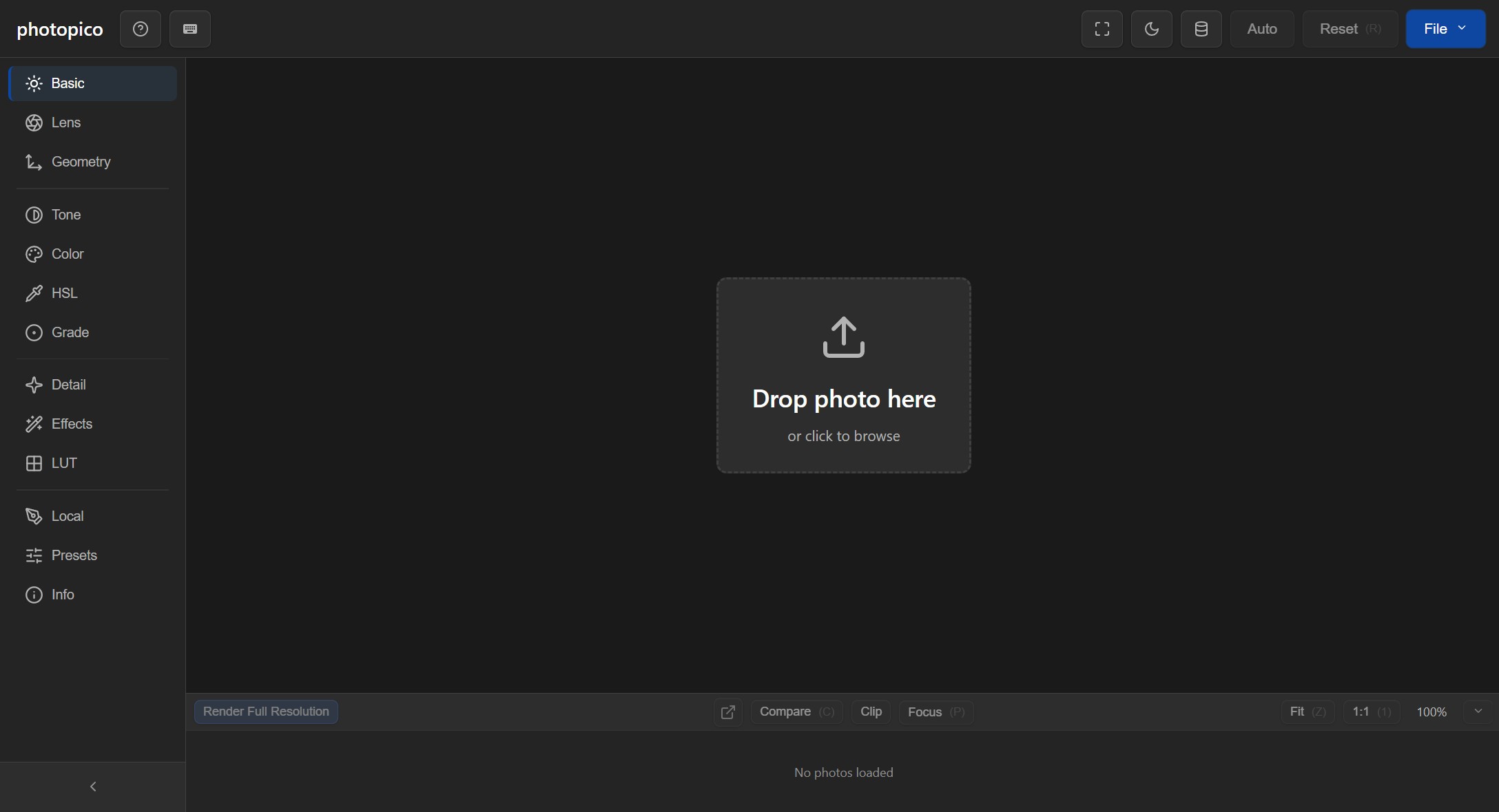 photopico editor interface in dark mode