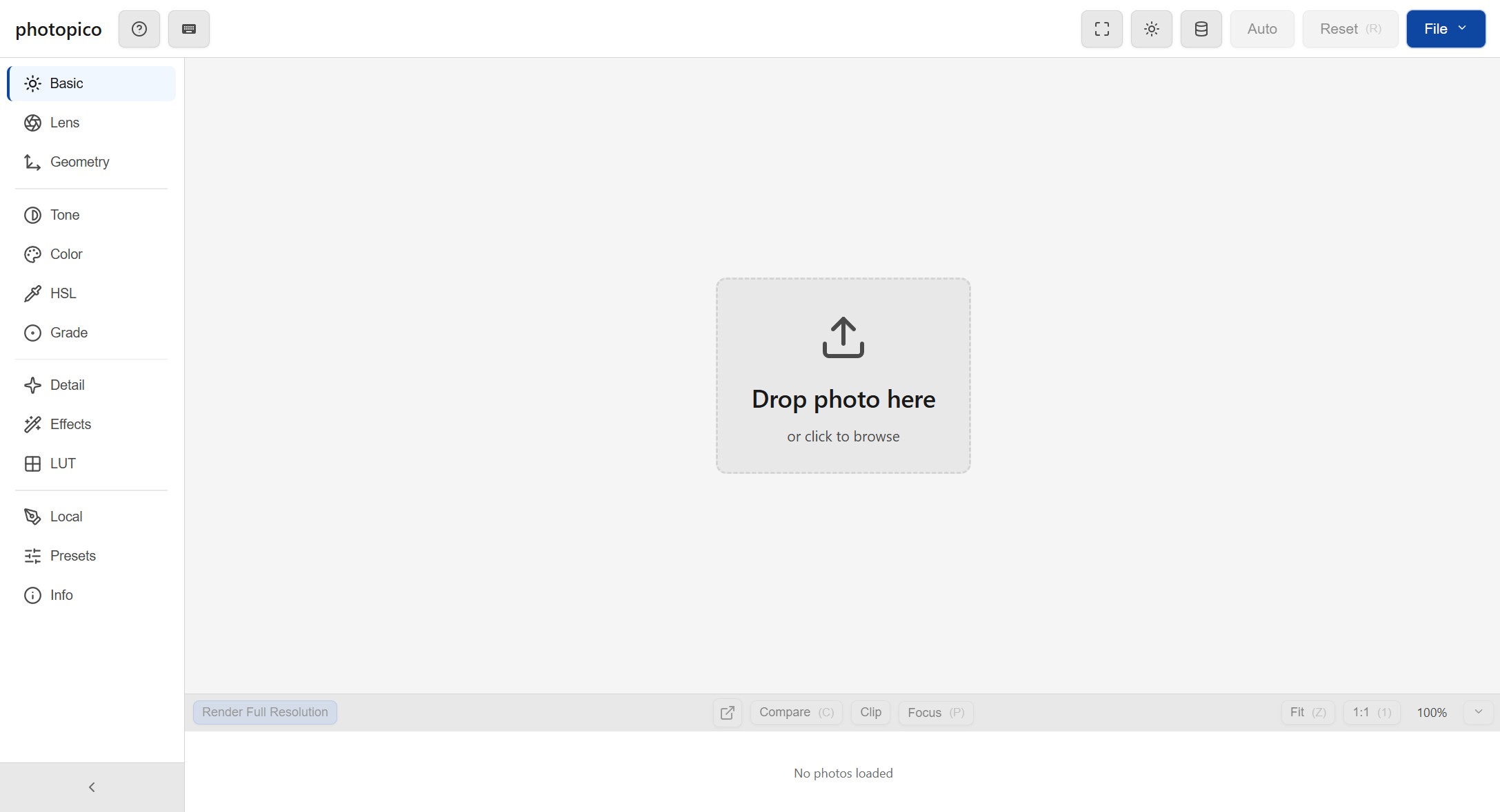 photopico editor interface in light mode